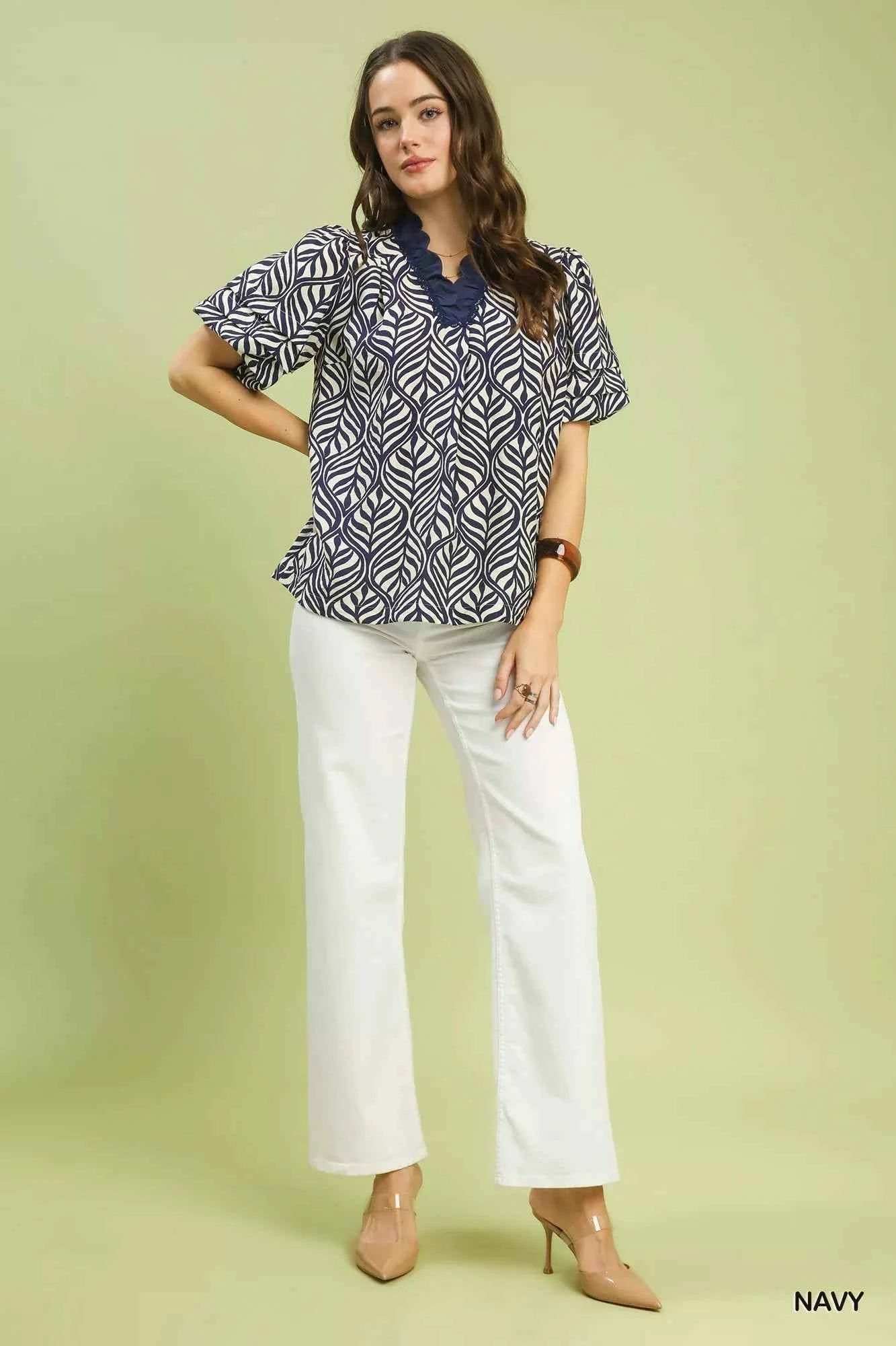 Sarah Express Women's Printed Puff Sleeve Ruffle Neck Top - Leaf Print Blouse