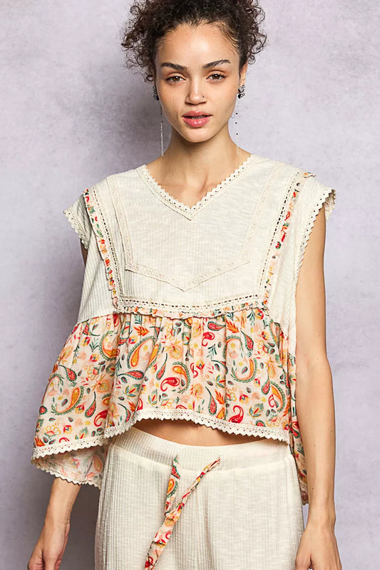 Sarah Express Women's Lace Detail Floral Cropped Ruffled Top NATURAL