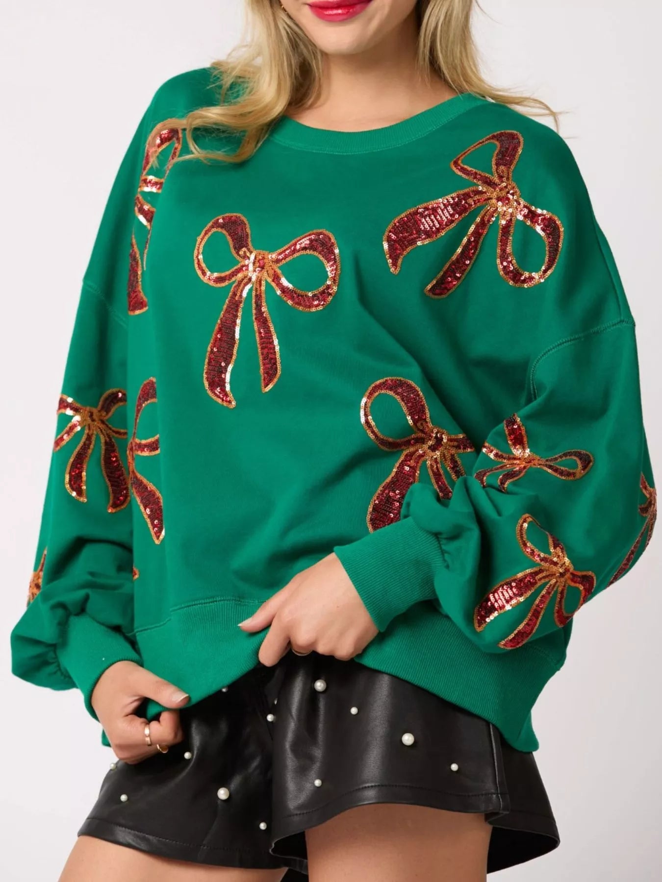 Sarah Express Women's Christmas Sequin Bow Round Neck Sweatshirt Green