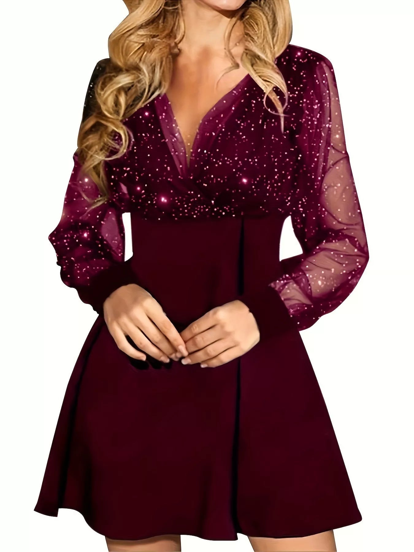 Sarah Express Glitter Mesh Long Sleeve Mini Dress - Sheer Sparkle Cocktail Party Dress Wine Red