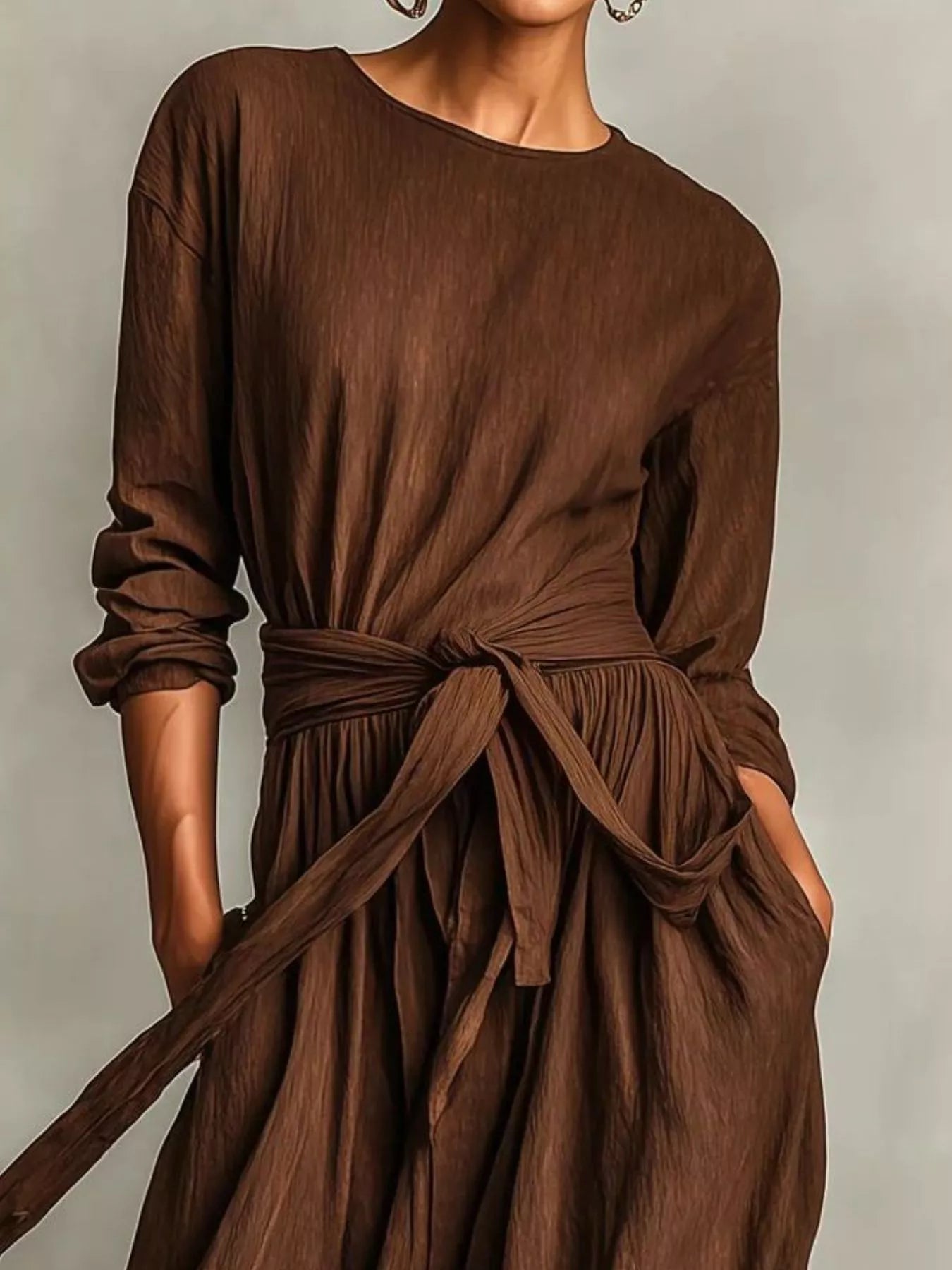 Sarah Express Women's Long Sleeve Tie Waist Maxi Dress with Pockets