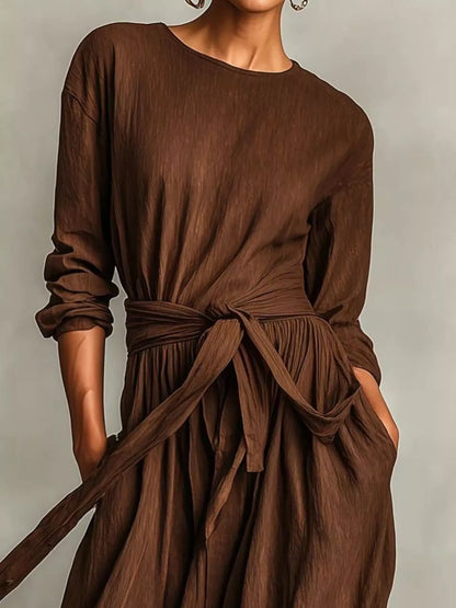 Sarah Express Women's Long Sleeve Tie Waist Maxi Dress with Pockets