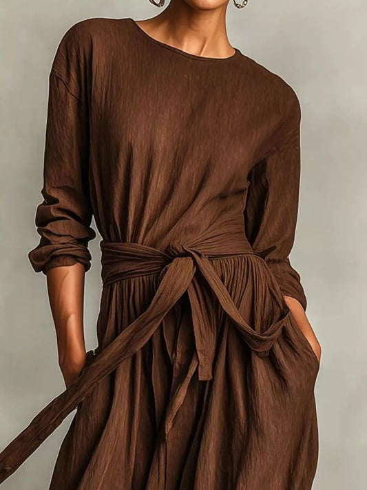 Sarah Express Women's Long Sleeve Tie Waist Maxi Dress with Pockets