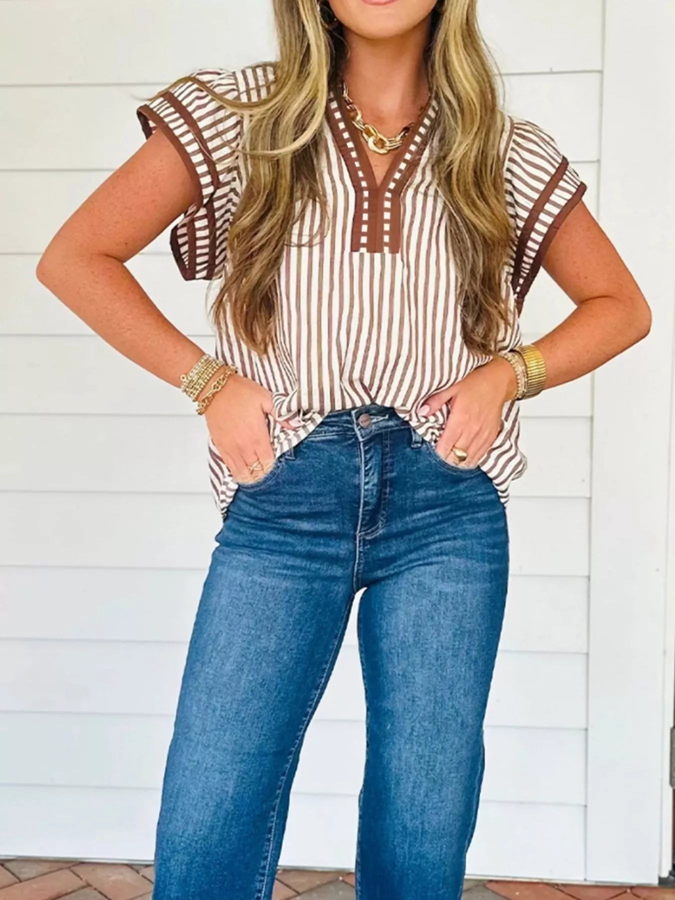 Sarah Express Women's Striped Notched Ruffled Sleeve Blouse Caramel