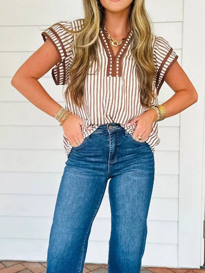 Sarah Express Women's Striped Notched Ruffled Sleeve Blouse Caramel