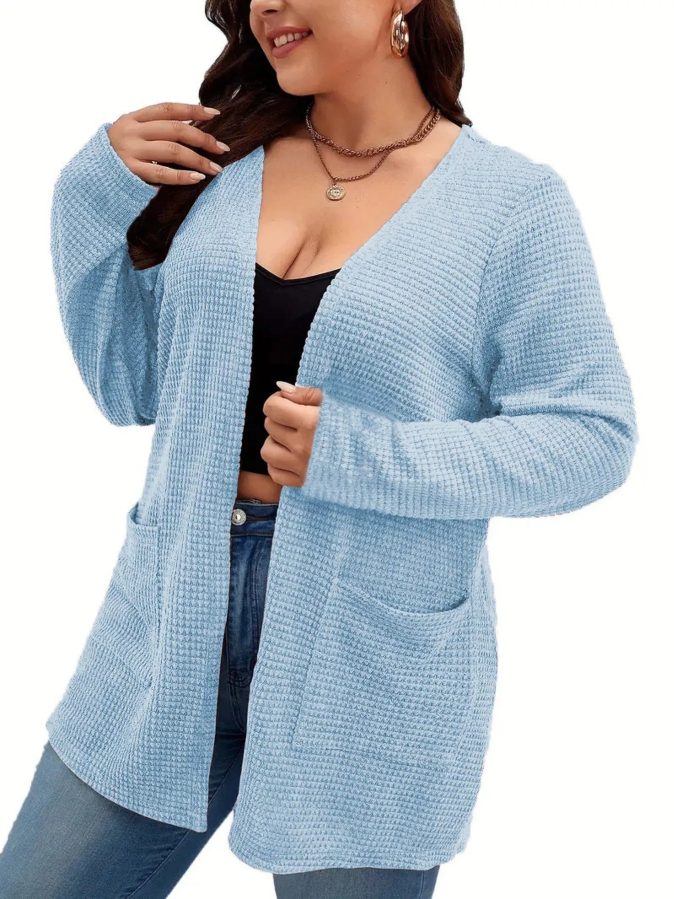 Sarah Express Women's Plus Size Open Front Long Sleeve Knit Cardigan with Pockets Blue