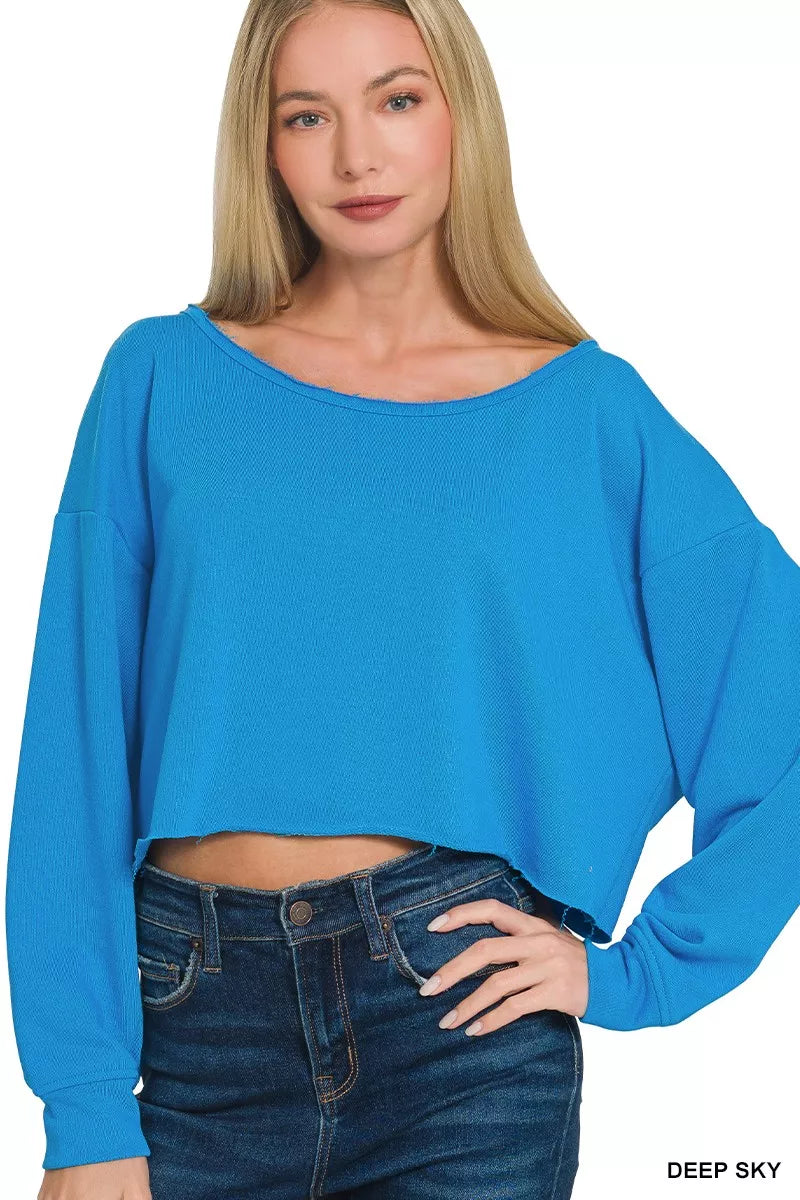 Trendsi Zenana French Terry Boatneck Crop Top