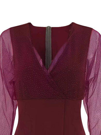 Sarah Express Glitter Mesh Long Sleeve Mini Dress - Sheer Sparkle Cocktail Party Dress