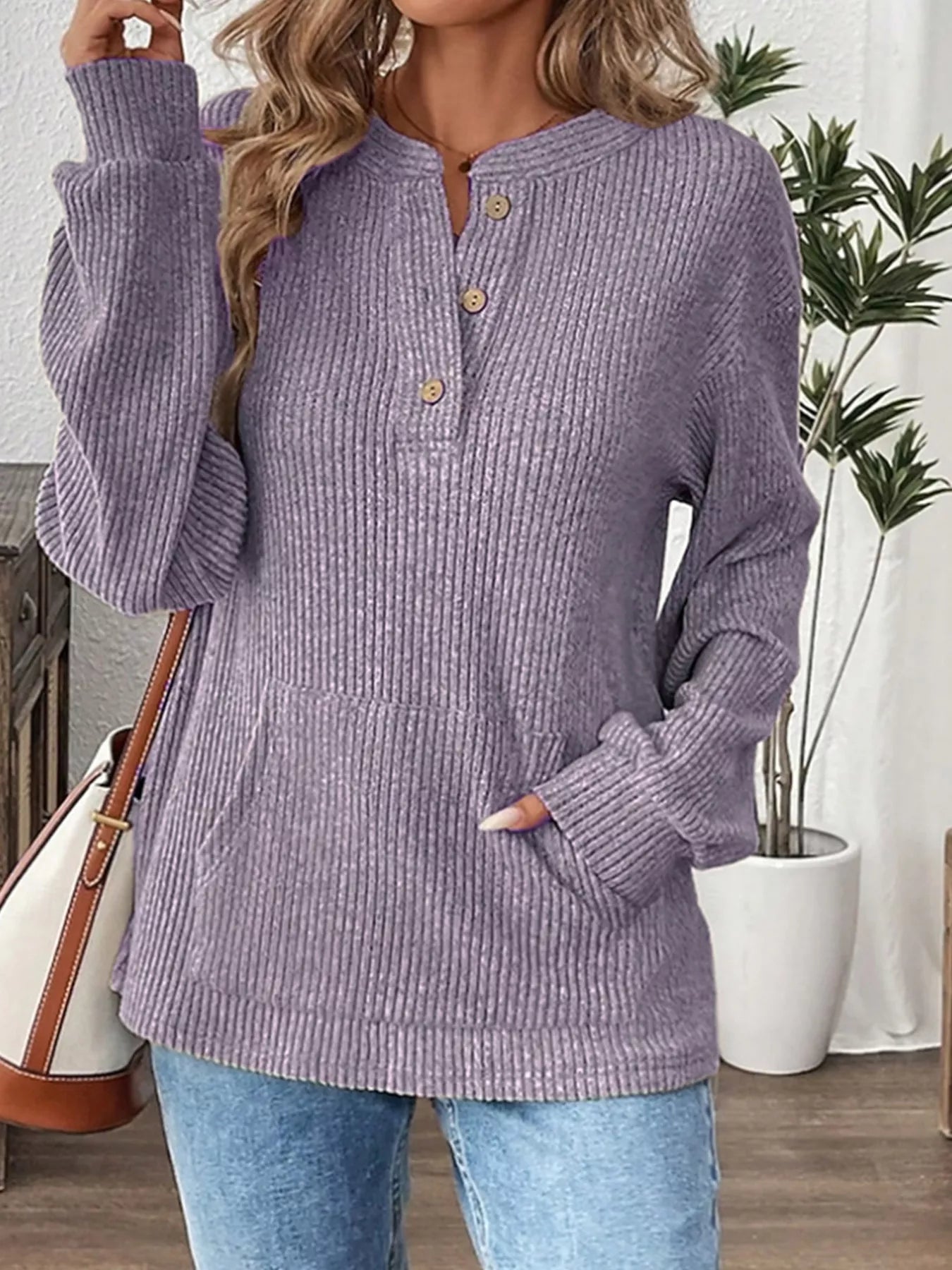 Sarah Express Women's Ribbed Button Detail Long Sleeve T-Shirt Lavender