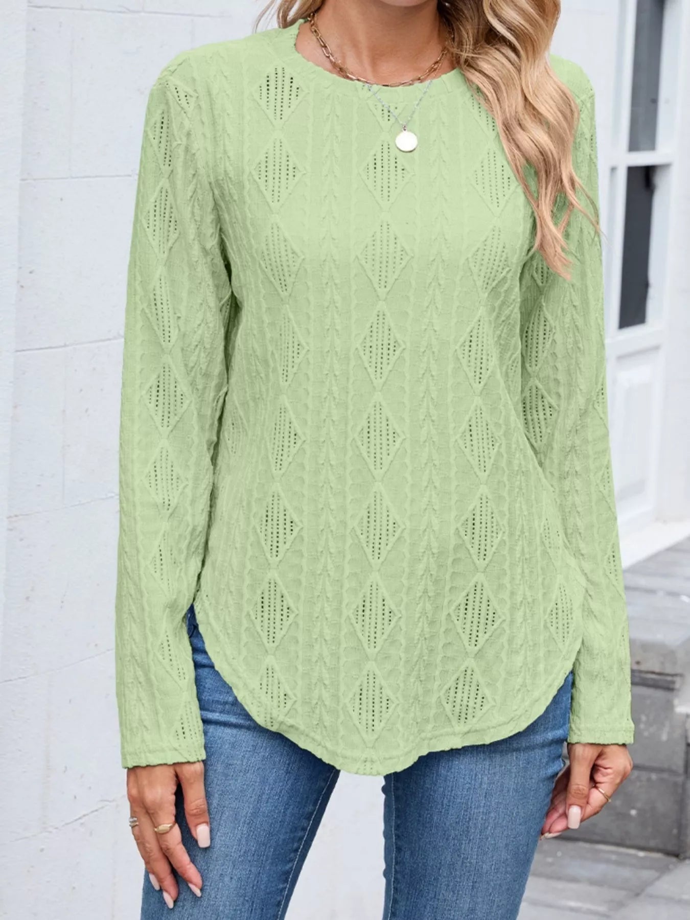 Sarah Express Women's Diamond Pattern Openwork Knit Long Sleeve Top Green