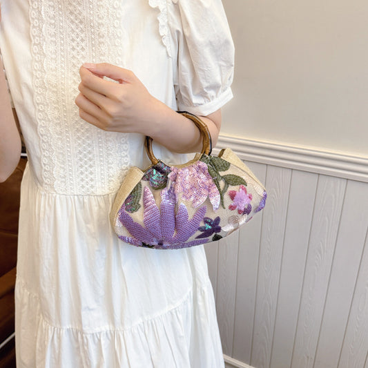 Sarah Express Bamboo Handle Tote Bag for Women - Shell Shape Shoulder Bag with Polyester Lining