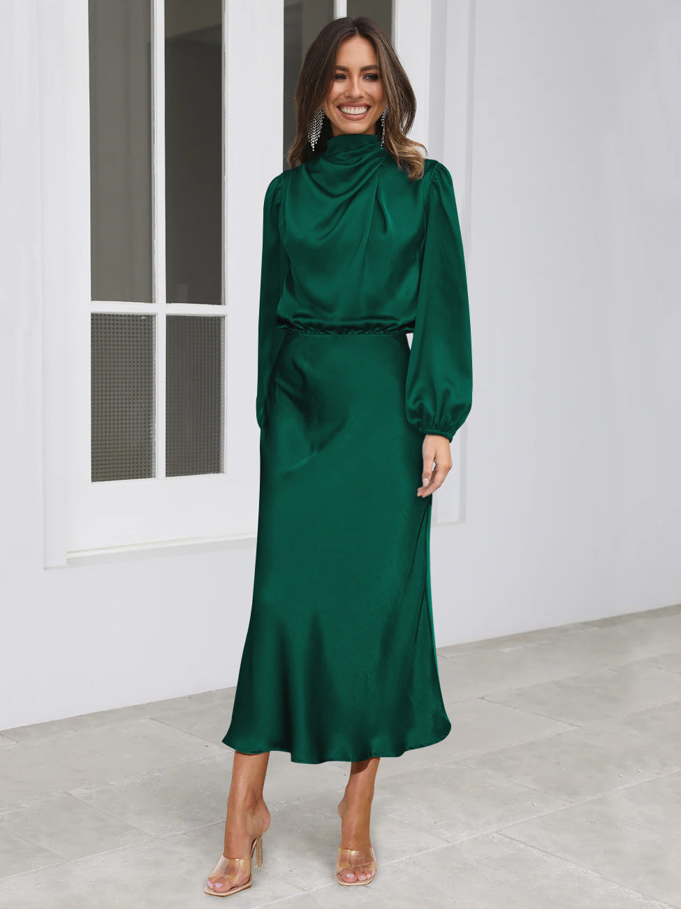 Sarah Express Women's Satin Formal Dress Halter Neck Long Sleeve Evening Midi Elegant