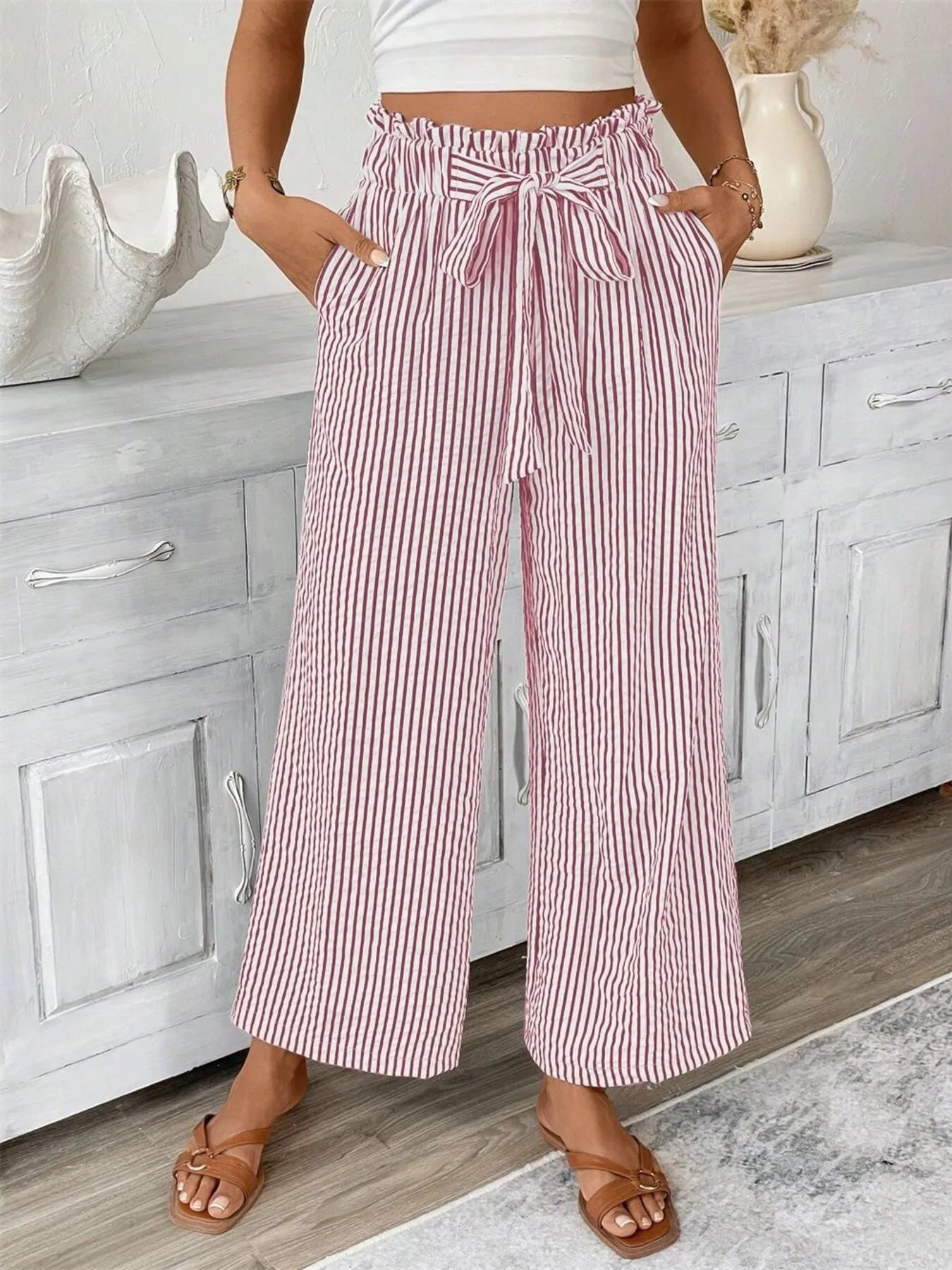 Sarah Express Women's Striped Wide Leg Paper Bag Pants Plus Size Dusty Pink