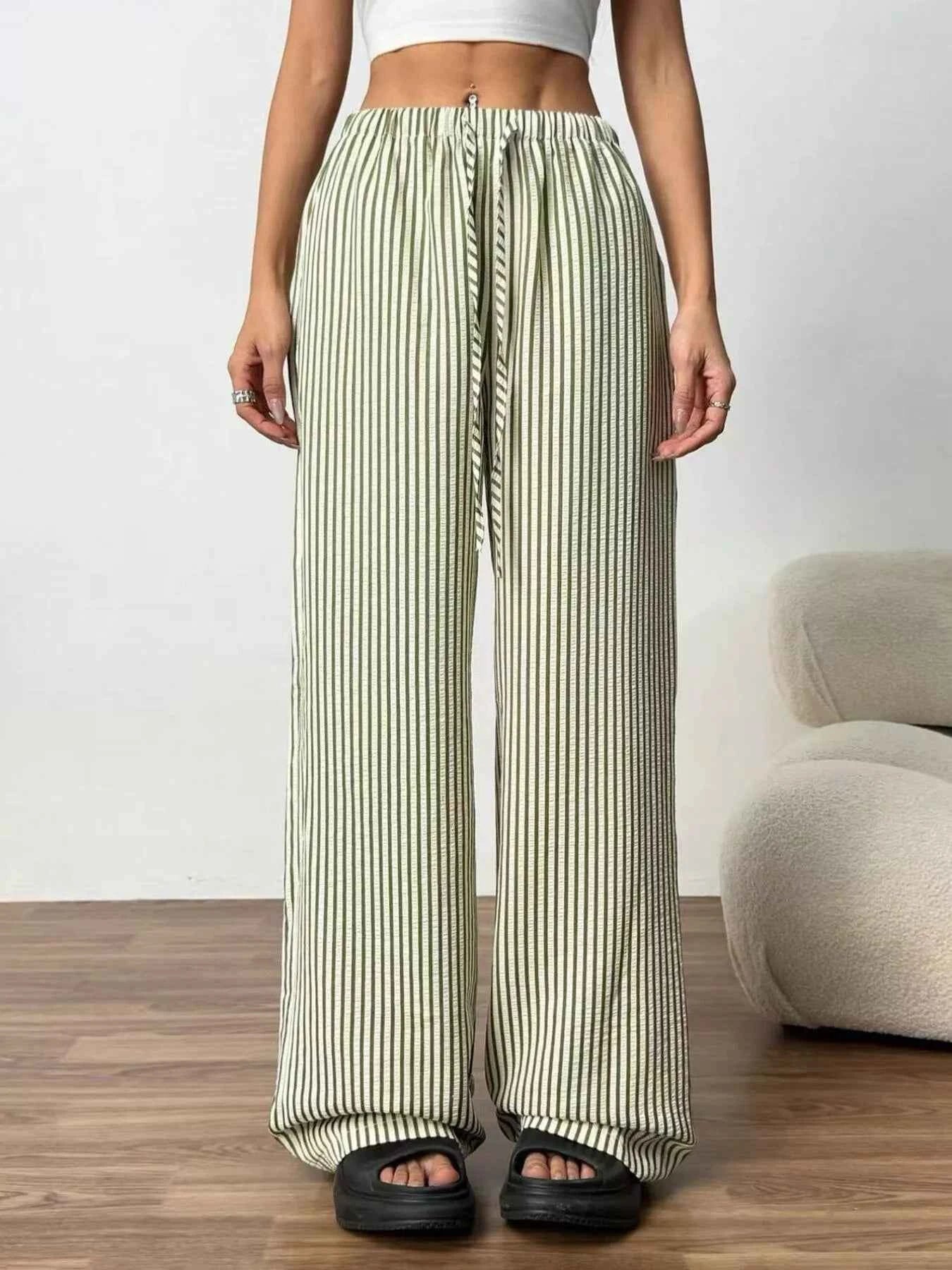 Sarah Express Women's Striped Wide Leg Pants with Drawstring Waist - Plus Size Available