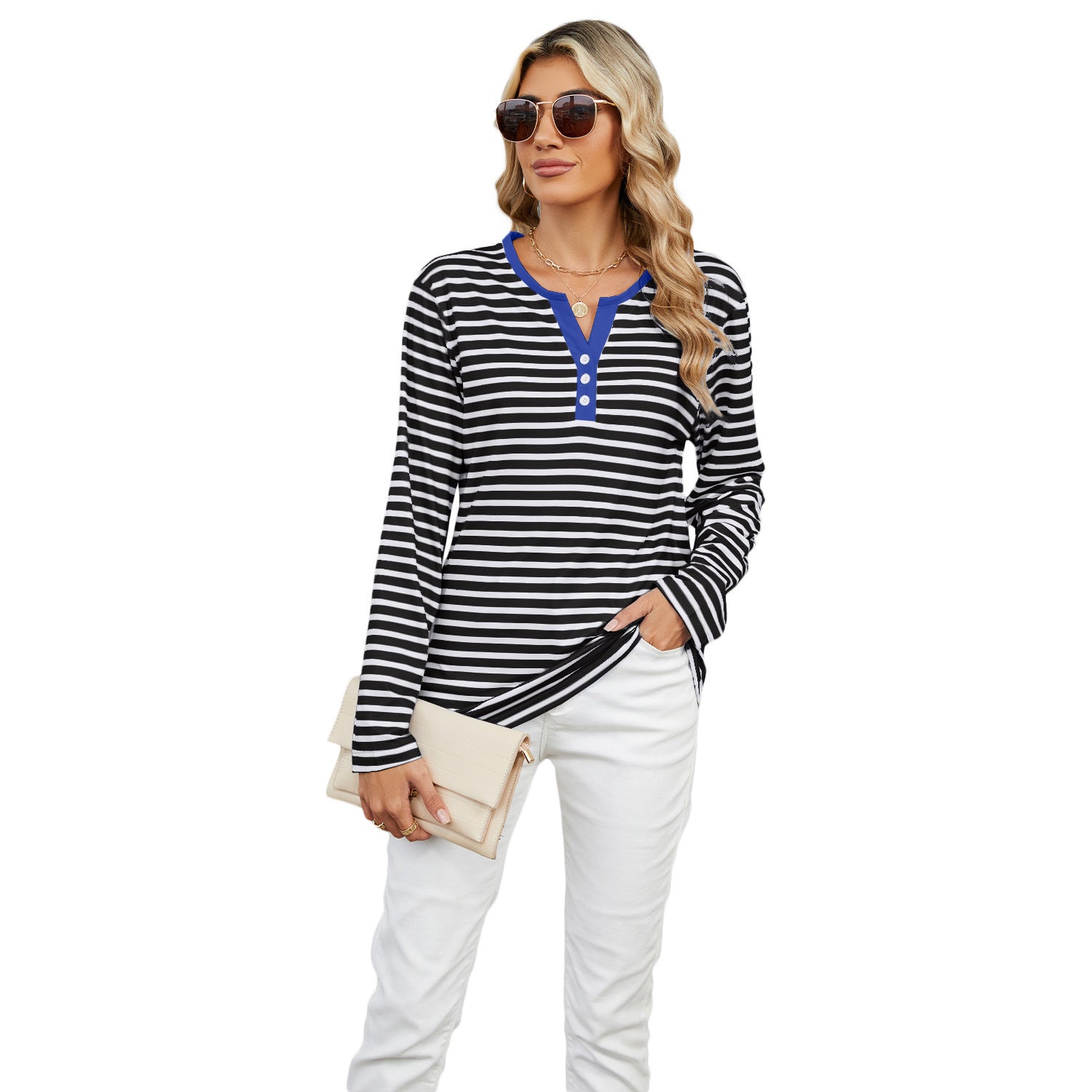 Sarah Express Women's V-Neck Striped Long Sleeve T-Shirt Loose Fit Casual Top