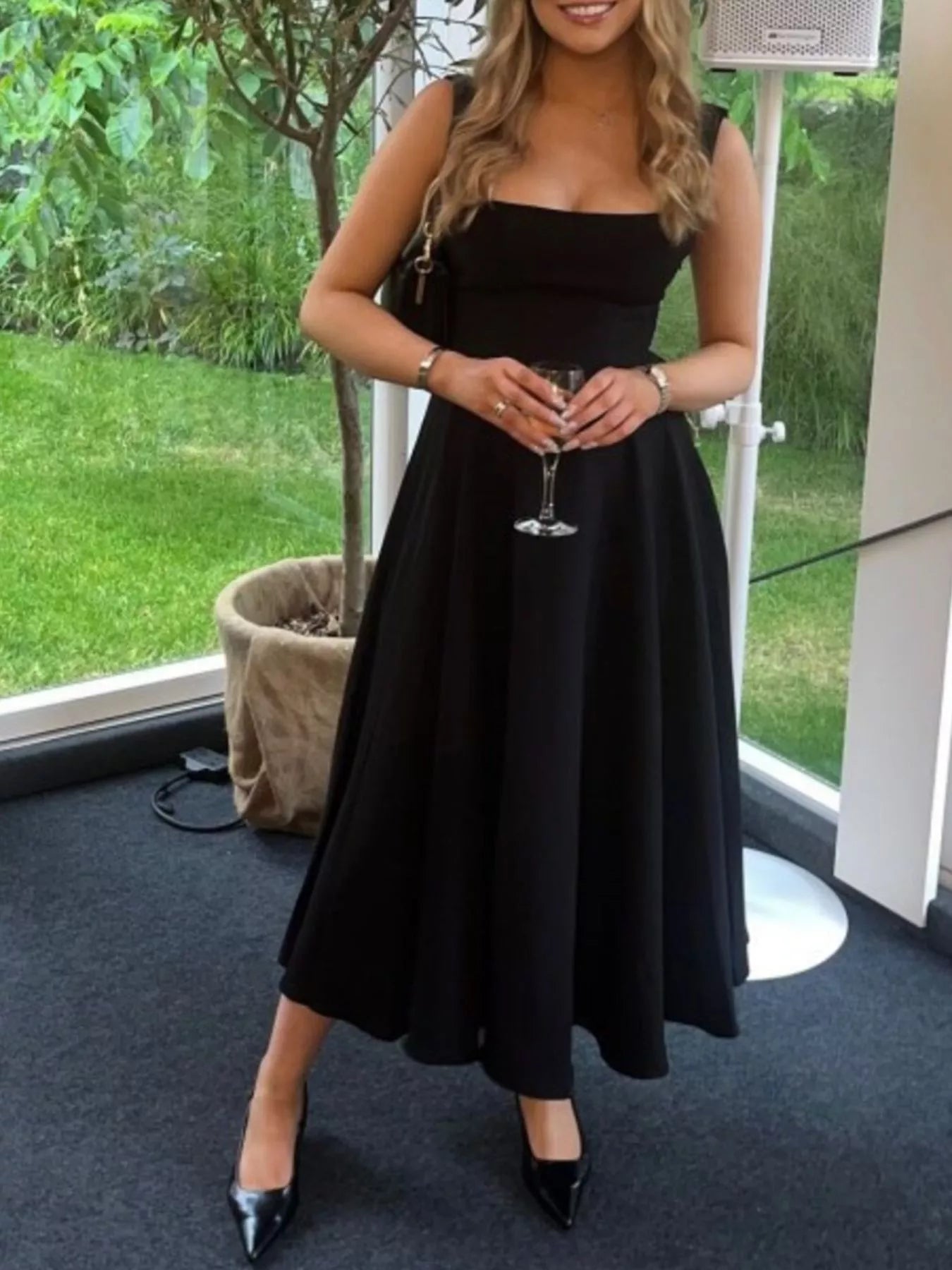 Sarah Express Women's Square Neck Wide Strap A-Line Dress Cotton Blend Casual Midi Dress