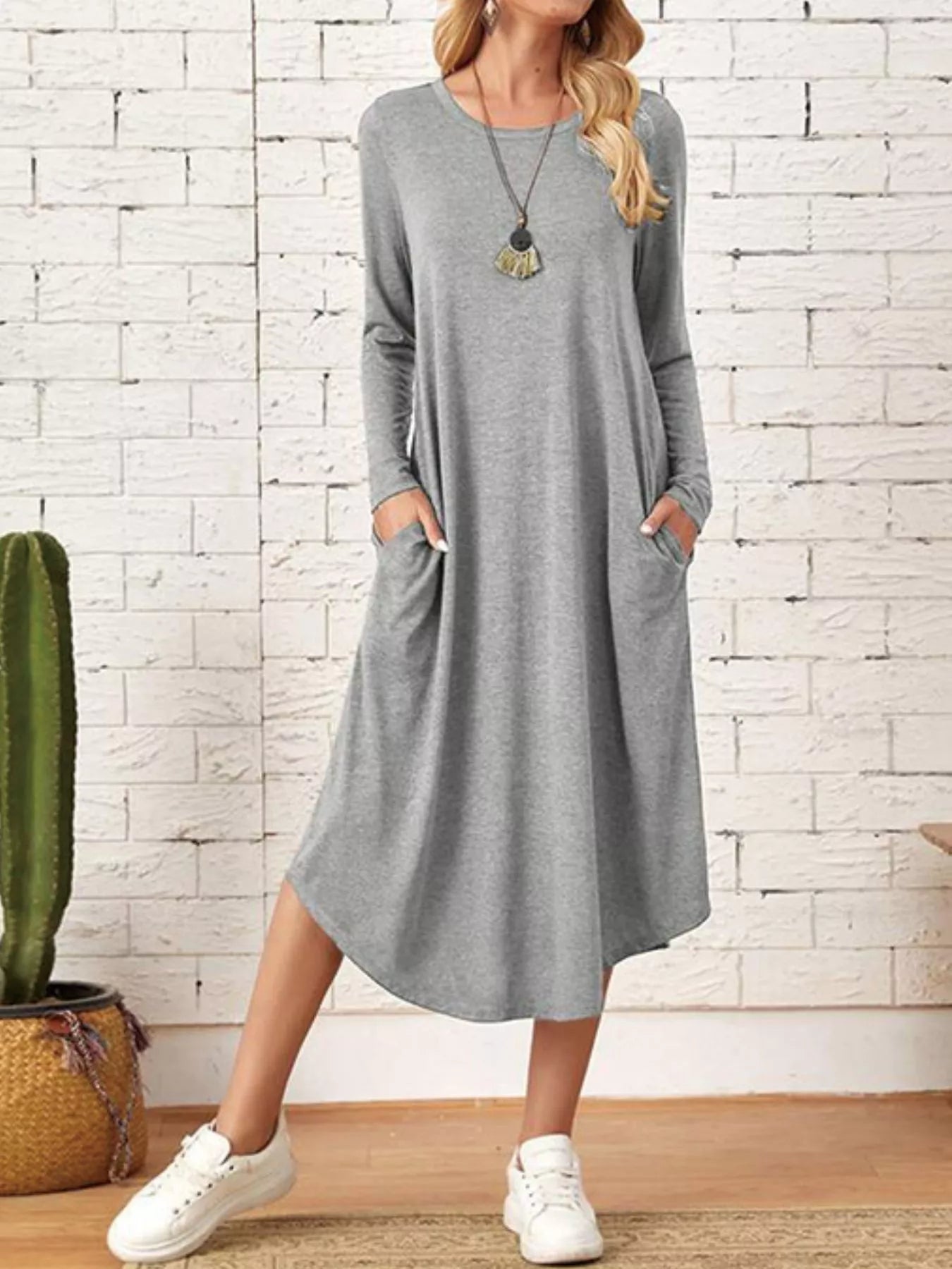 Sarah Express Women's Casual Long Sleeve Pocket Midi Dress Gray