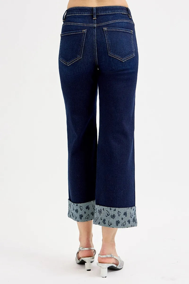 Sarah Express Women’s Plus Size Cropped Wide Leg Jeans with Printed Cuff
