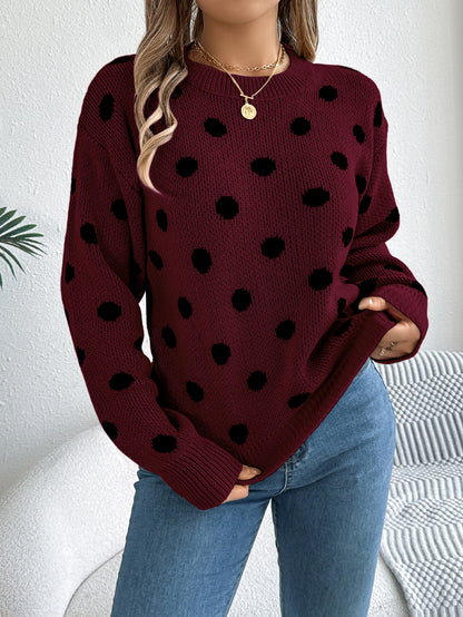 Sarah Express Women's Casual Color Block Polka Dot Pullover Sweater - Long Sleeve Knit Top