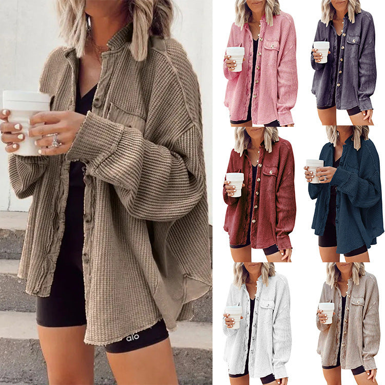Sarah Express Patchwork Irregular Shirt Jacket Loose Fit Long Sleeve Acrylic Outerwear
