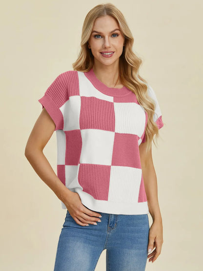 Sarah Express Women's Checkered Round Neck Short Sleeve Sweater Dusty Pink