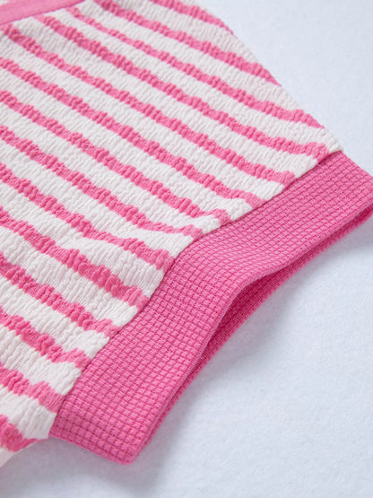 Sarah Express Women's Stripe Textured Knit V-Neck Short Sleeve Top - Contrast Trim Casual Tee