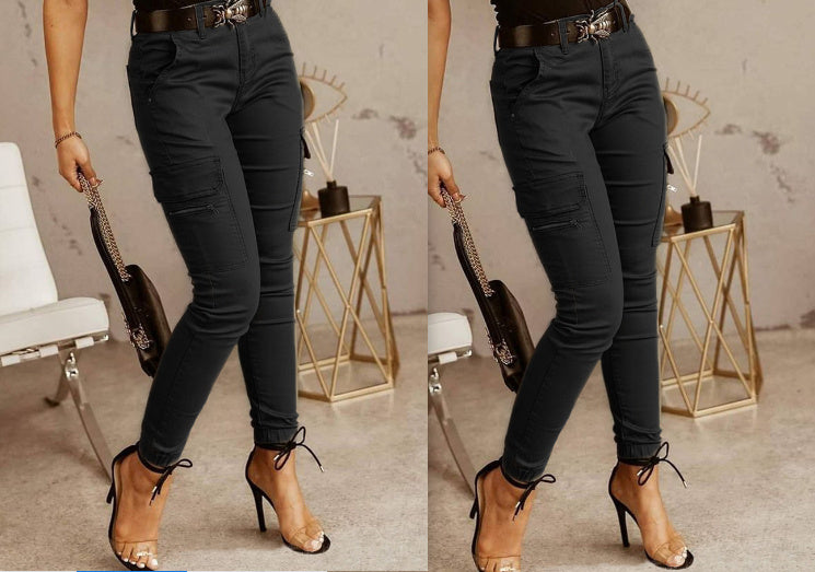 Sarah Express Women's Low Waist Cotton Blend Cargo Overalls Loose Fit Button Detail Trousers