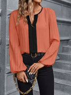 Sarah Express Women's Textured Notched Long Sleeve Blouse