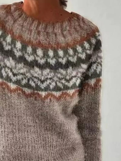 Sarah Express Women's Vintage Patterned Round Neck Sweater Plus Size