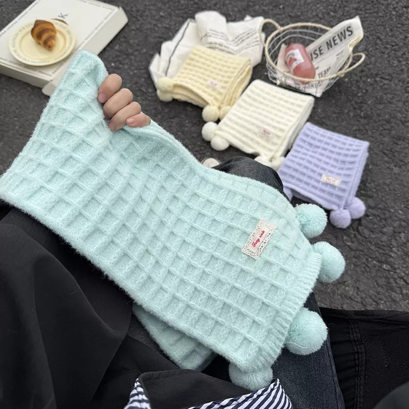 Sarah Express Women's Waffle Knit Pom-Pom Scarf - Cozy Winter Accessory