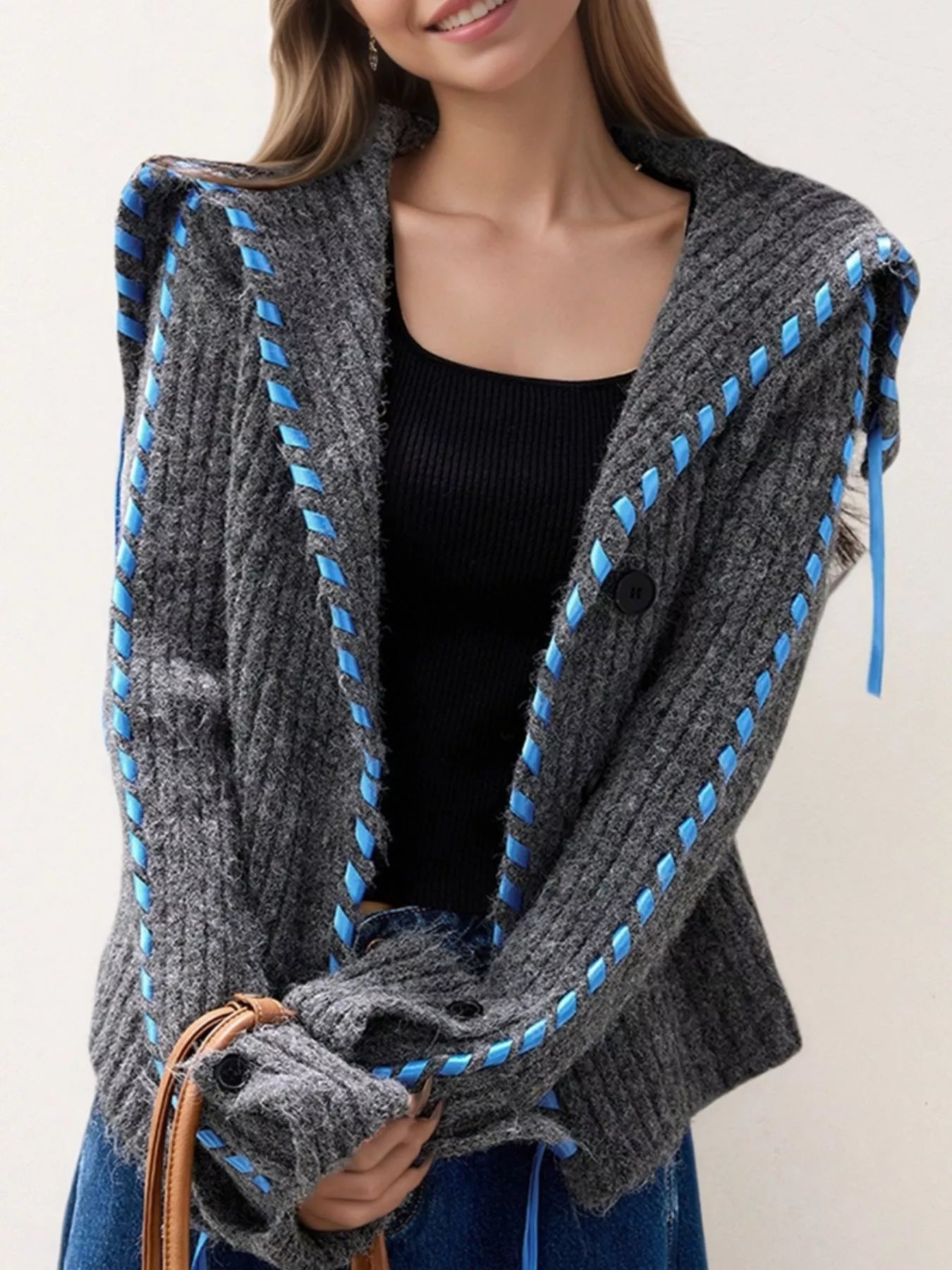 Sarah Express Cable Knit Open Front Cardigan Sweater with Button Detail Gray One Size