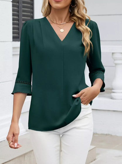 Sarah Express Women's V-Neck 3/4 Sleeve Blouse with Lace Detail