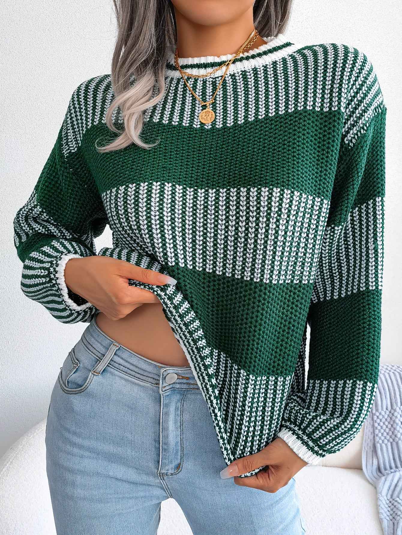 Sarah Express Women's Color Block Striped Knit Sweater - Long Sleeve Casual Pullover
