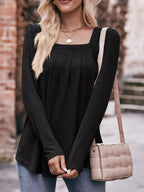 Sarah Express Women's Pleated Square Neck Long Sleeve T-Shirt