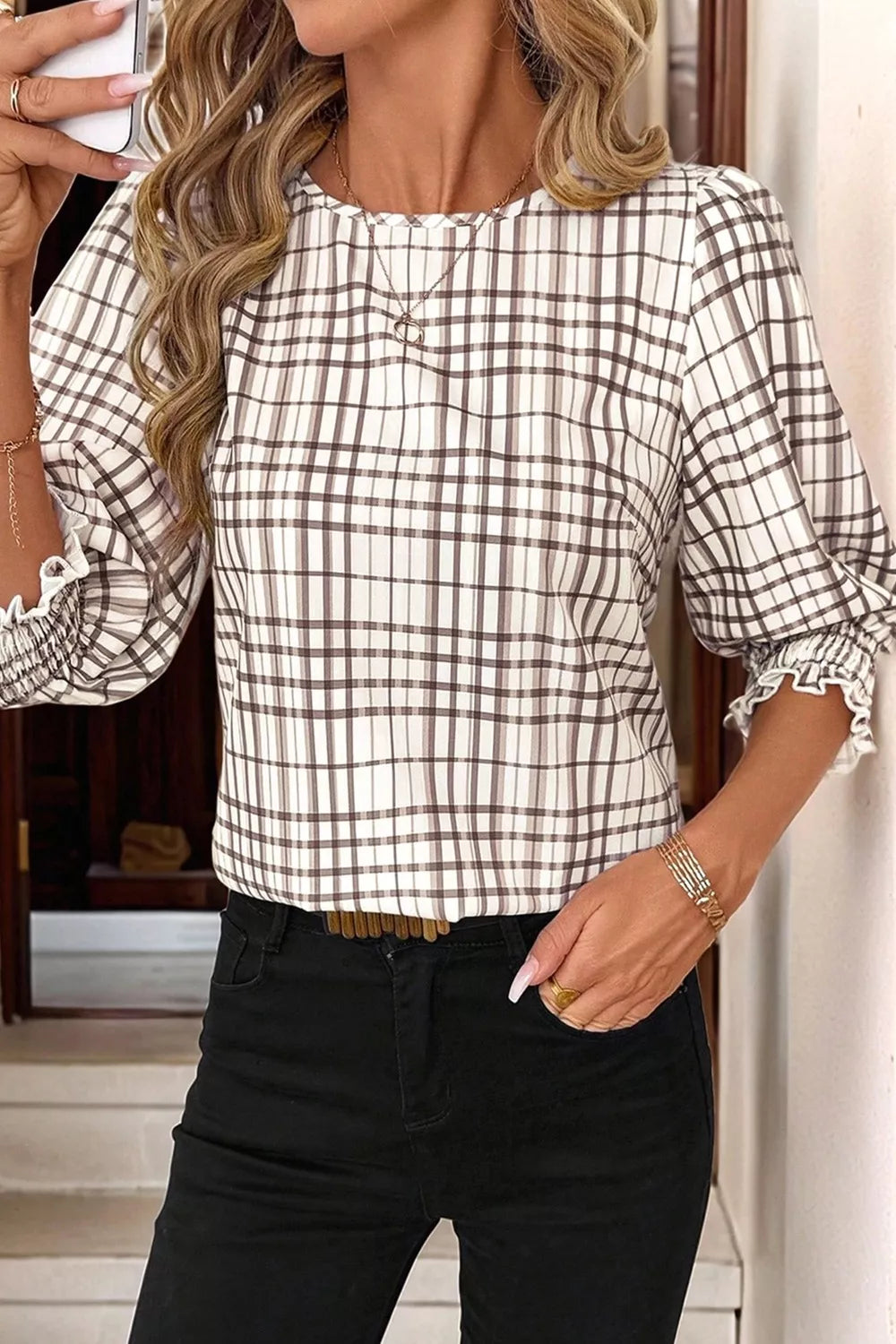 Sarah Express Women's Plaid Round Neck Half Sleeve Blouse Plaid