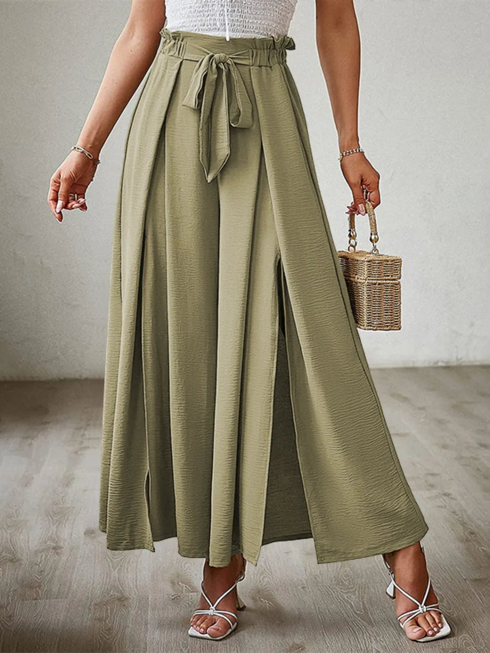 Sarah Express Women's Tied Slit Wide Leg Pants Matcha Green