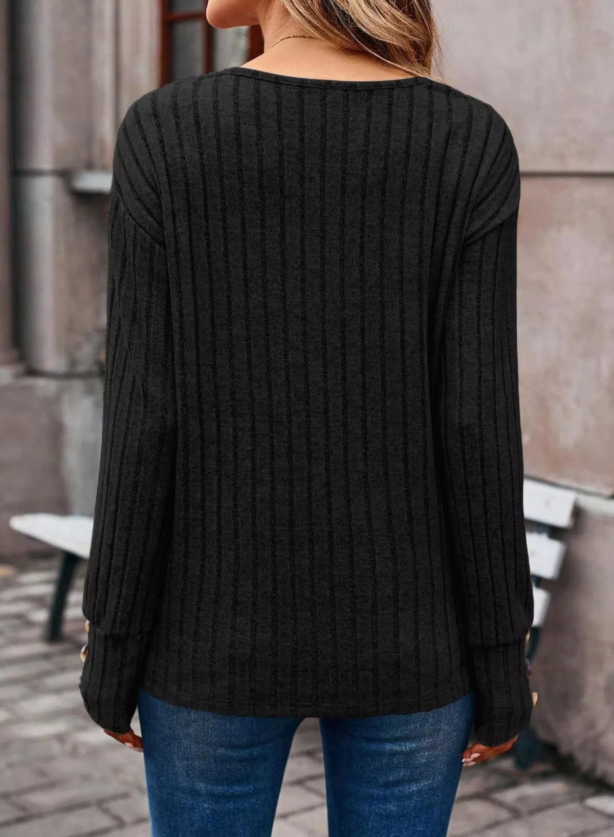 Sarah Express Women's Ribbed Knit V-Neck Top with Decorative Buttons