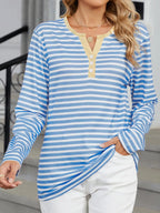 Sarah Express Women's Striped Long Sleeve Henley T-Shirt - Button Front Casual Top