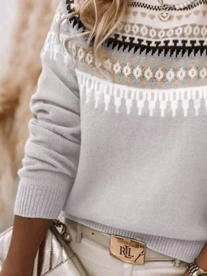 Sarah Express Women's Vintage Patterned Round Neck Sweater Plus Size