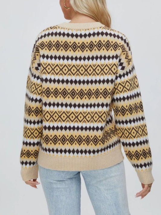 Sarah Express Women's Geometric Pattern Round Neck Sweater - Oversized Cozy Knitwear