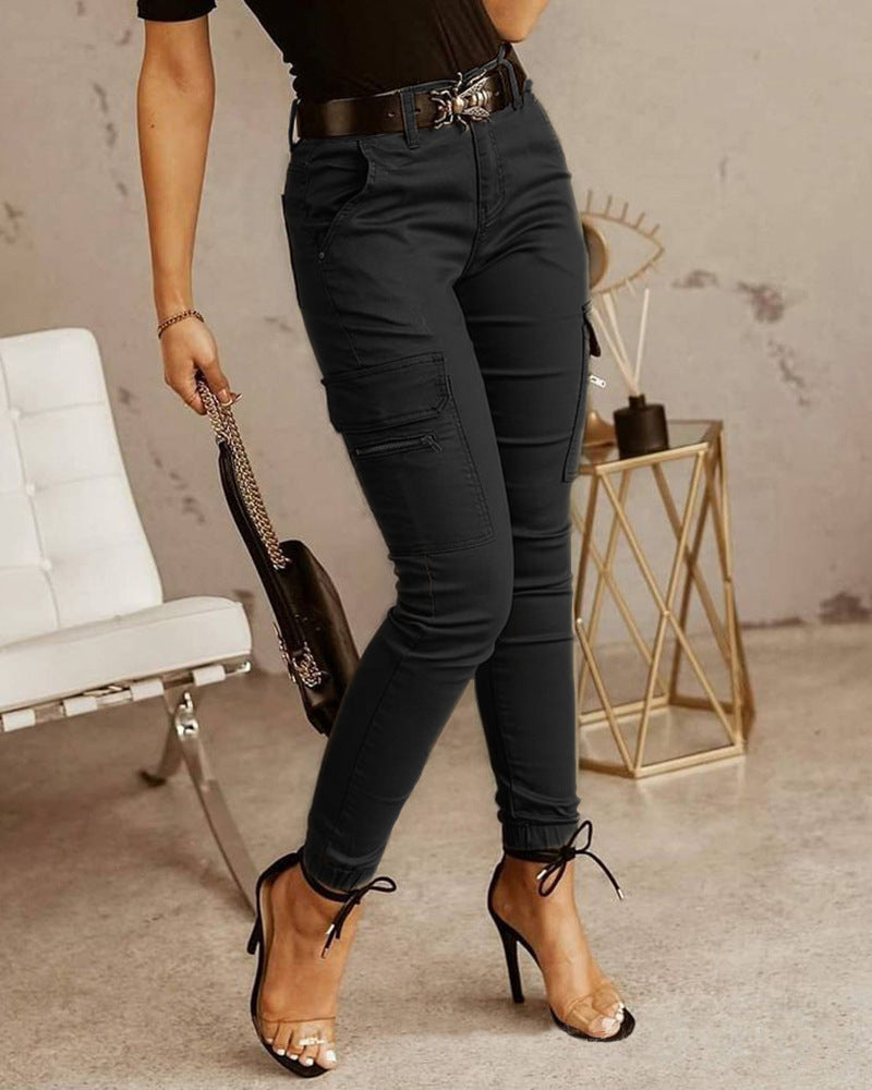 Sarah Express Women's Low Waist Cotton Blend Cargo Overalls Loose Fit Button Detail Trousers