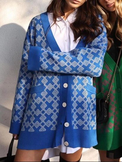 Sarah Express Women's Geometric Pattern Button-Down Cardigan with Pockets Blue off White