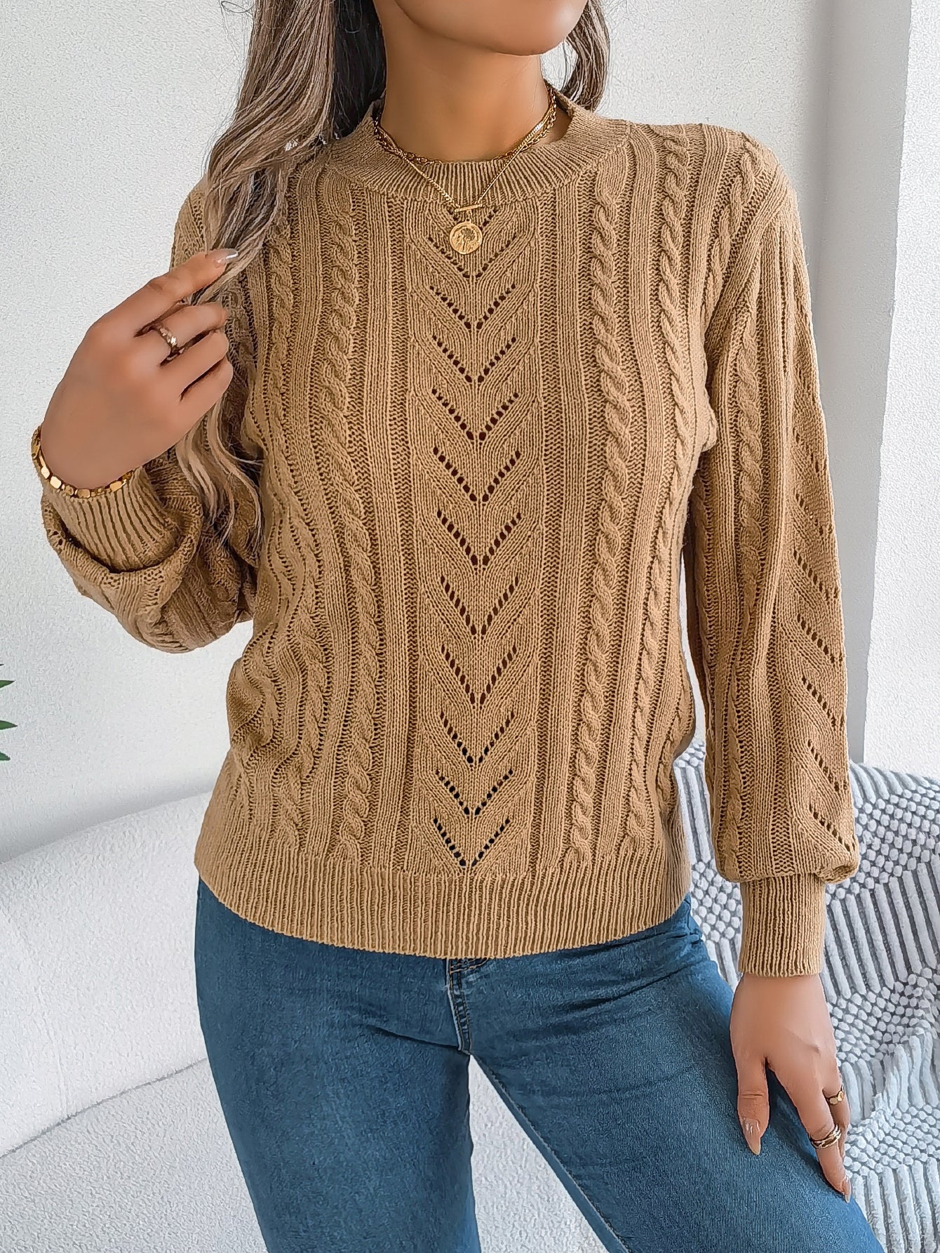 Sarah Express Women's Hollow Out Lantern Sleeve Pullover Sweater - Casual Solid Color Knitwear