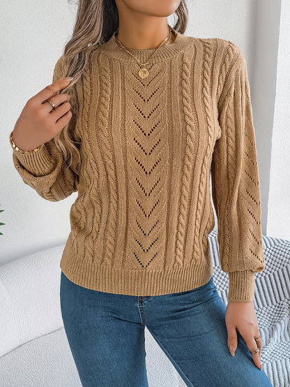 Sarah Express Women's Hollow Out Lantern Sleeve Pullover Sweater - Casual Solid Color Knitwear