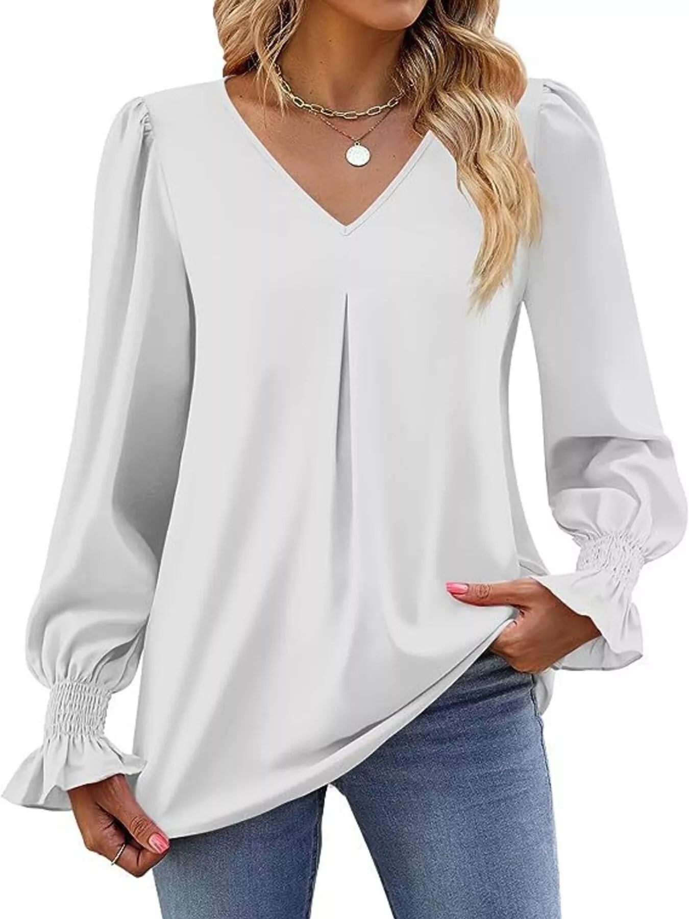Sarah Express Women's V-Neck Long Sleeve Ruffle Cuff Blouse White