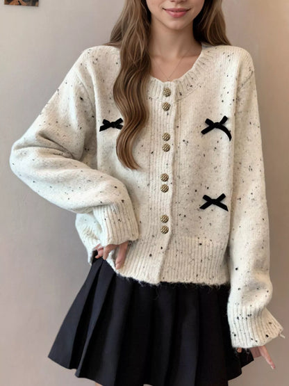 Sarah Express Women's Bow Button Up Ribbed Hem Cardigan