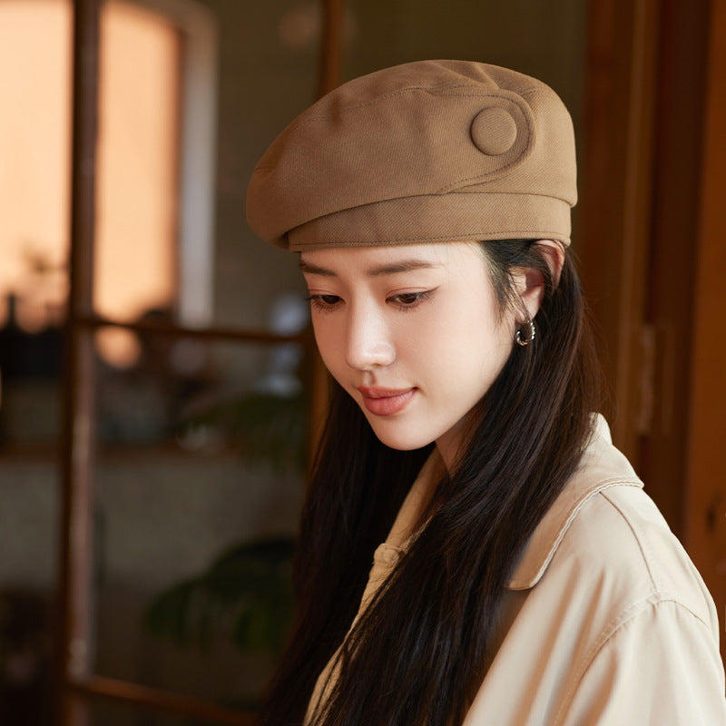 Sarah Express Button Detail Dome Crown Beret Hat Cotton Blend Classic Fall Winter Accessory