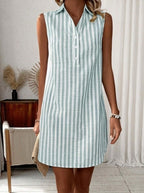 Sarah Express Women's Striped Sleeveless V-Neck Button Front Midi Shirt Dress