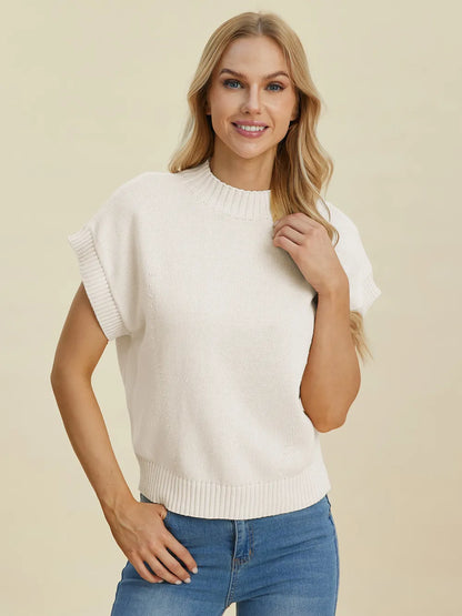 Sarah Express Women's Mock Neck Short Sleeve Sweater Cream