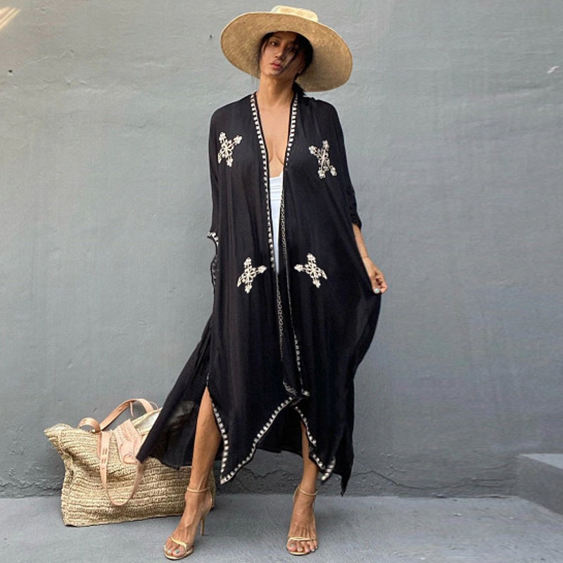 Sarah Express Women's Rayon Embroidered Beach Cover Up Cardigan Sun Protection Swimwear
